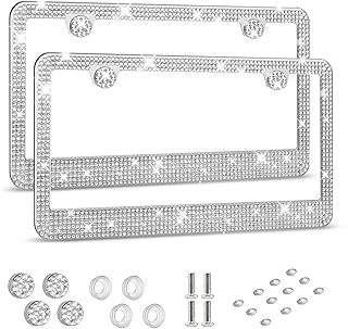 HOTOR License Plate Frame - Lastingly Bling and Sparkly Car Bracket Holder | for Women, License Plate Holder, Stainless Steel &amp; Obstruction-Free, with Multifaceted Rhinestones, White, 2 Pack, 12" x 6"