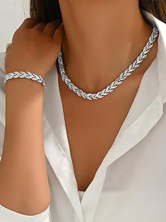 Rose Gold Leaf Chain Necklace and Bracelet Set for Women,Rhinestone Link Jewelry Set,Elegant Statement Choker & Bracelet,Adjustable Sparkly Fashion Set for Party,Wedding,Daily Wear