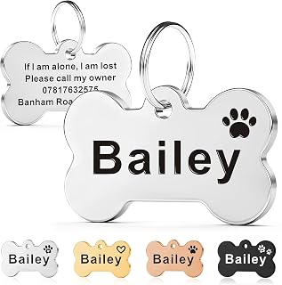 Personalised Dog Tags for Pets UK, Deep Engraved Dog Cat Tag, Stainless Steel Dog Name ID Tags, Pet Tag for Dog Puppy Cat, 2 Sizes, 2 Shapes, 4 Colours (Silver Bone, S)