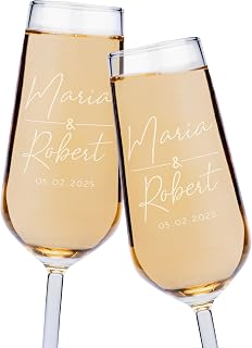 GIFTBYGIFTY Personalized Wedding Champagne Flutes for Bride and Groom - Set of 2, 7 oz, 2 Designs - Champagne Glasses for Engagement with Your Names and Date - D1