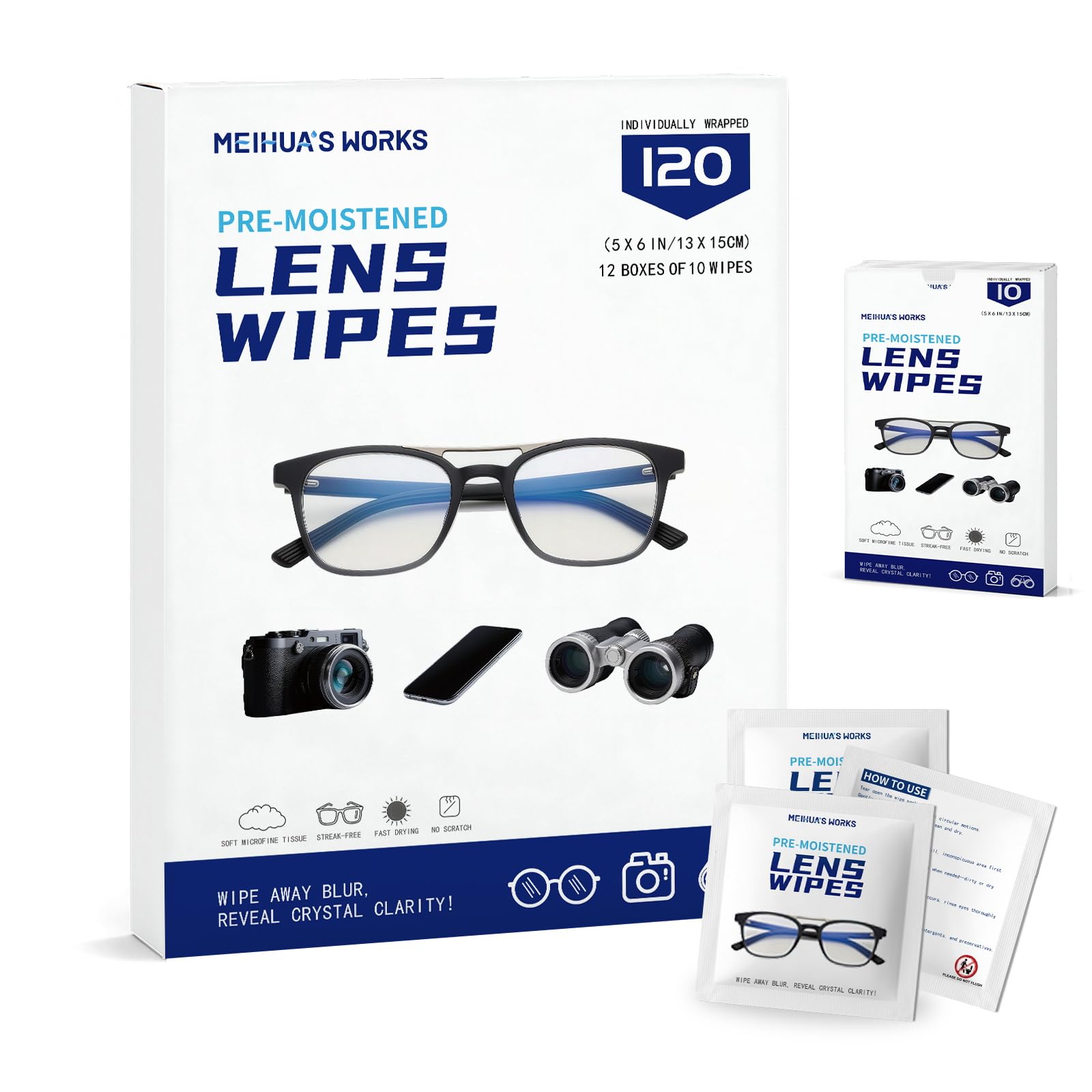 120 Count Lens Wipes for Eyeglasses, Eye Glasses Cleaner Wipes for Screens | Pre