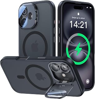 VOFATA [Upgraded] for iPhone 16 Case with Camera Cover Stand [Fit for MagSafe][9H Camera Lens Protector] Mil-Grade Protection Translucent Matte Silicone Magnetic iPhone 16 Phone Case, Black