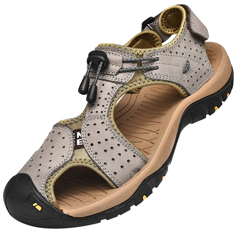 rismart Men's Closed Front Hook & Loop Outdoor Hiking Leather Shoes Sandals