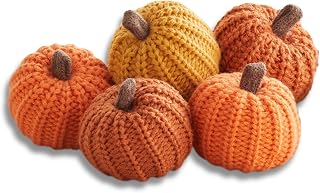 Mini Knit Pumpkins, Orange, Set of 5 (Mini Knit Orange) | Bowl Fillers, Fall Tiered Tray Decor, Autumn Table Decorations, Halloween