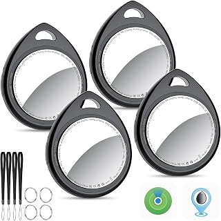 QCOQ® Air Locator Tags 4 Pack Compatible with Apple Find My (iOS Only) | Smart Bluetooth Tags, Item Tracker with Keychain/Lanyard for Keys, Wallets, Luggage, Suitcases, Replaceable Battery Black