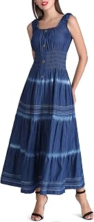 DREFBUFY Womens Denim Maxi Dress Sleeveless Summer Casual Blue Cotton Boho Flowy Long Jean Sundresses for Women