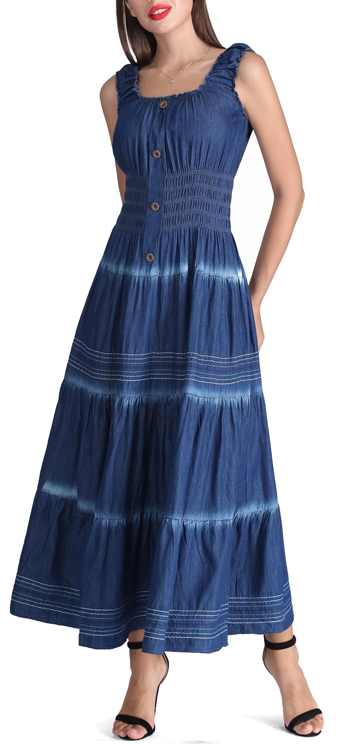 DREFBUFY Womens Denim Maxi Dress Sleeveless Summer Casual Blue Cotton Boho Flowy