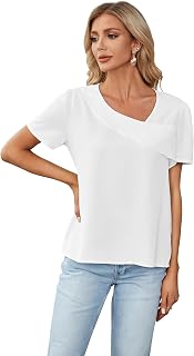 Women Casual Asymmetrical V Neck Pleated Short Sleeve Tops Blouse