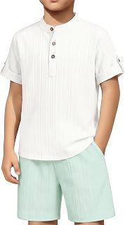 Arshiner Boys 2 Pieces Set Textured Henley Shirts & Shorts Set 4-12 Years