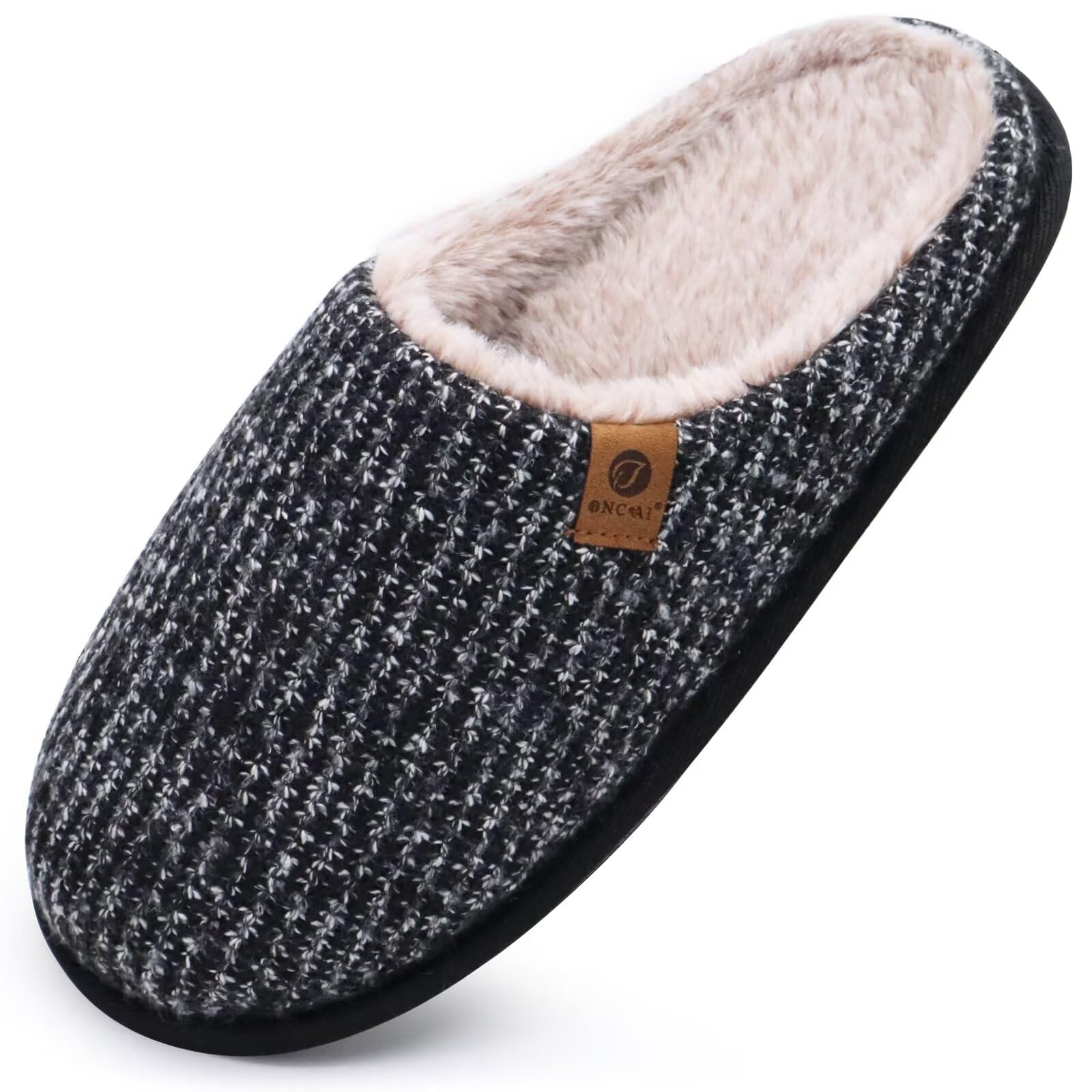 ONCAI Men's Winter Slippers, Comfortable Memory Foam Warm Wool Home Shoes with N