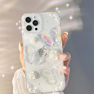 iPhone 15 Pro Max Compatible Cute Butterfly Floral Clear Design Aesthetics Women Glitter Pretty Glitter Smartphone Case Protective Cover