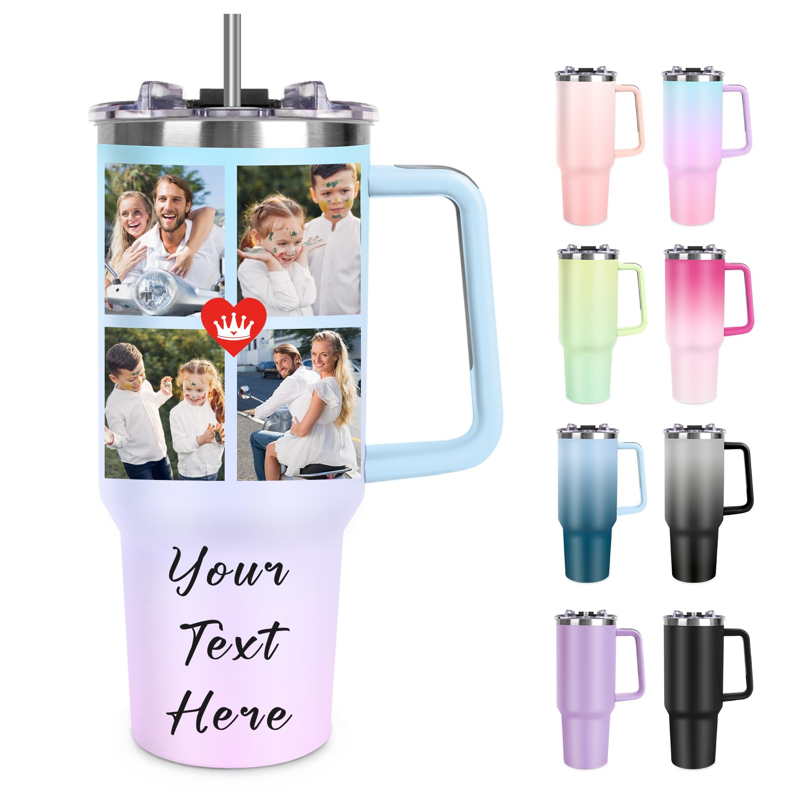 Personalized 40 oz Tumbler with Handle and Straw, Custom Tumbler with Picture, T