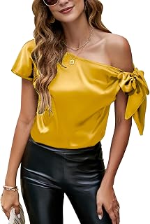 VIDUSSA Womens Off Shoulder Tops - Satin Asymmetric Silk Tops for Party