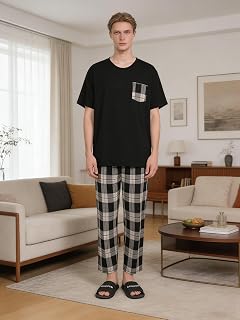 Mens Short Sleeve Plain Navy T Shirt & White Plaid Pants Pyjama Set