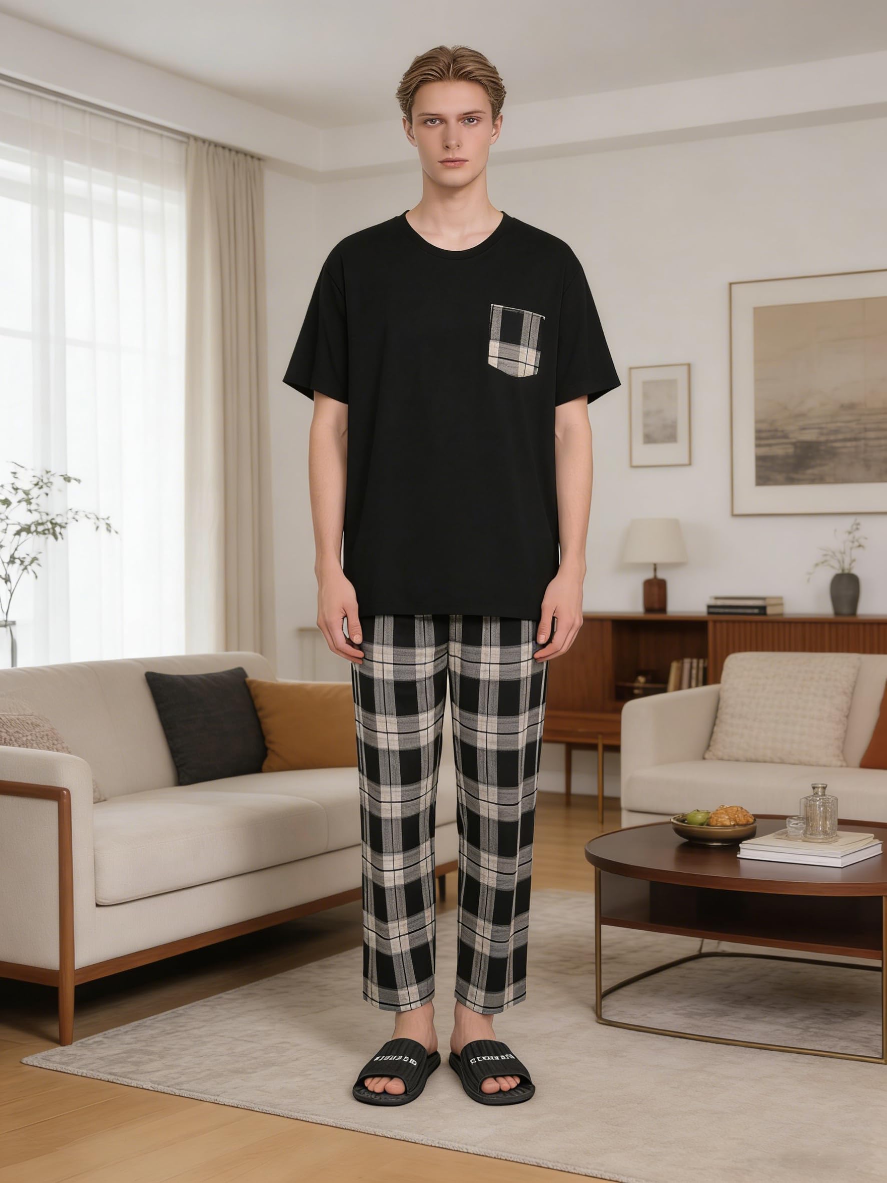 Mens Short Sleeve Plain Navy T Shirt & White Plaid Pants Pyjama Set
