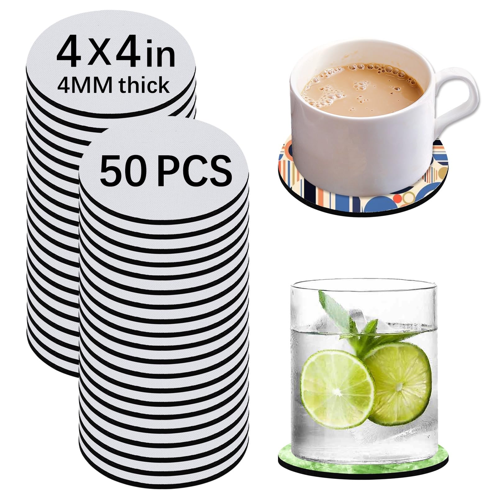 50 PCS Sublimation Blank Cup Coasters Bulk, 4x4 Inch Round Blank Cup Mat Rubber 