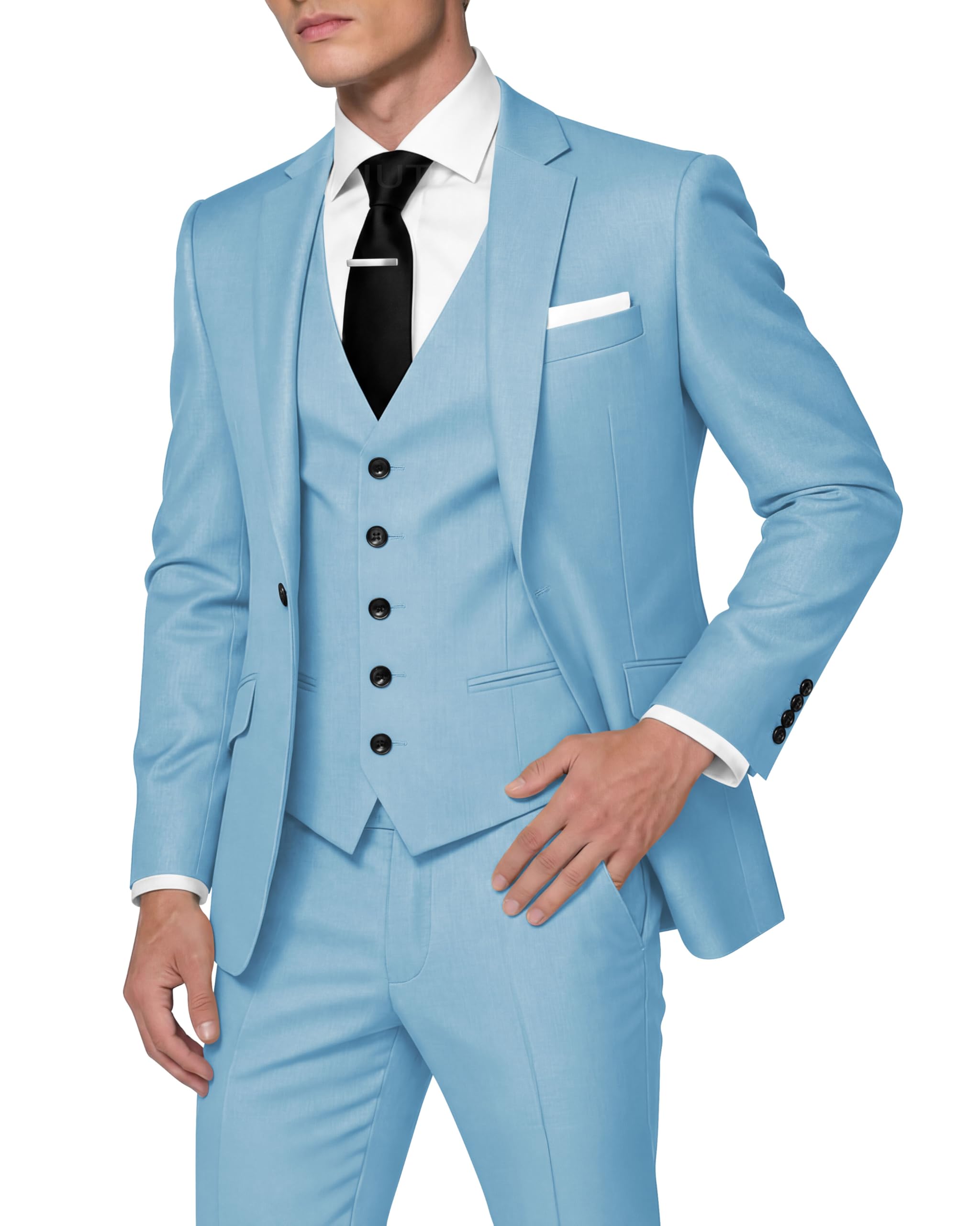 Huutoe Mens 3 Piece Bodycon Fit Suit Work Wedding Graduation Blazer Jacket One B
