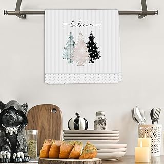 Believe Christmas Hand Towels, Elegant Neutral Bathroom Kitchen Towels with Christmas Trees Decor