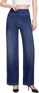 Pull on Wide Leg Jeans for Women, Relaxed Knit High Waisted Tummy Control Stretchy Baggy Straight Leg Jeans
