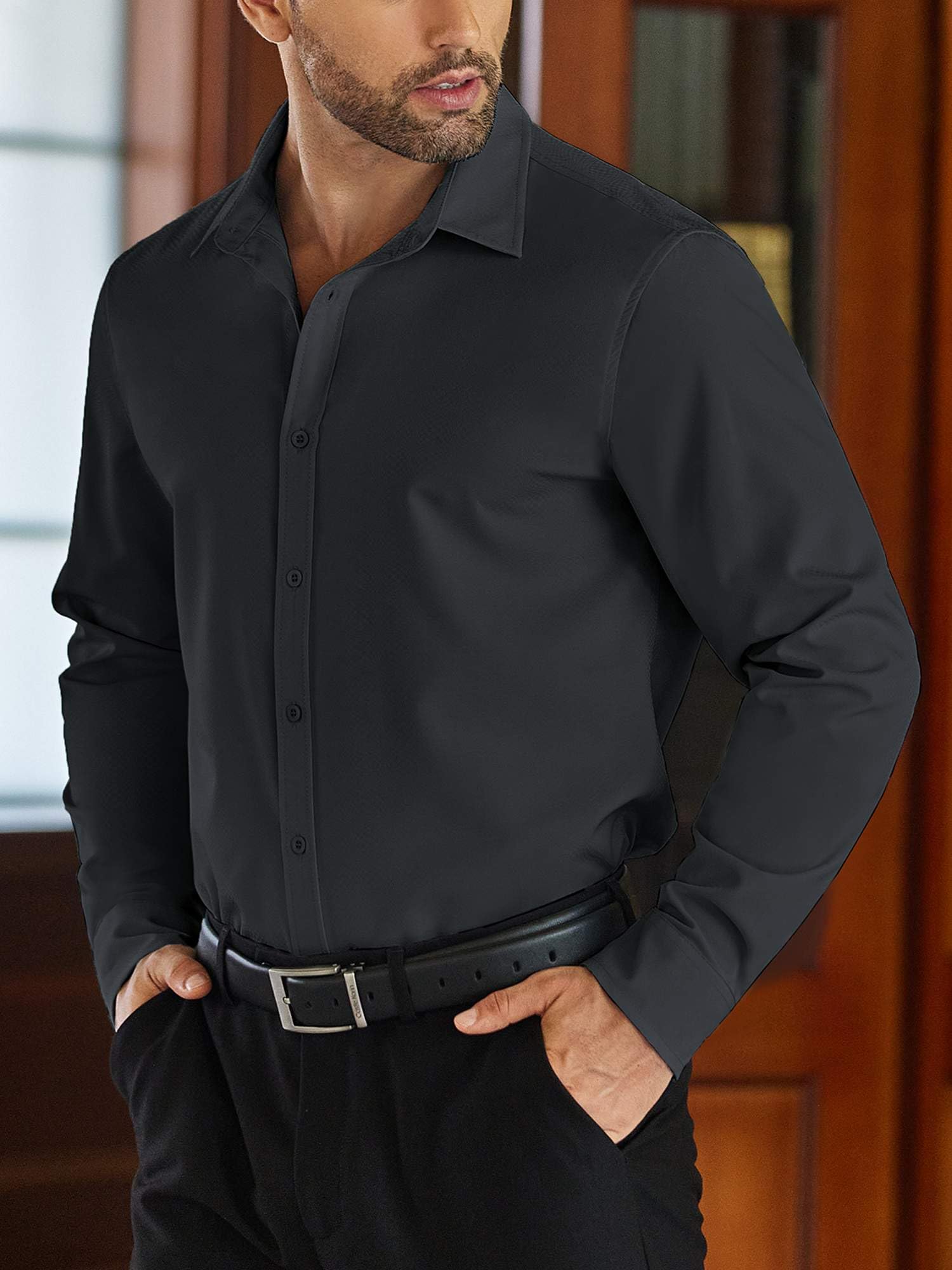 Mens Work Shirts Wrinkle Free Long Sleeve Regular Fit Casual Textured Dress Shir