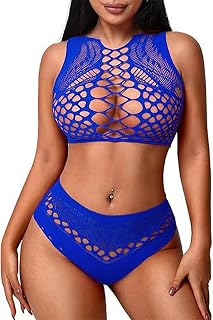 Women Sexy Mesh Lingerie Set Two Piece Sleeveless Crop Top and Panties Set Club Rave Swimwear