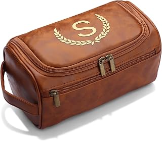 CGFN Mens Toiletry Bags,Personalised Gifts for Men,Personalised PU Leather Mens Wash Bag with Initial Hanging Toiletry Bag Xmas Birthday Gifts (Initial-S, Light Brown)