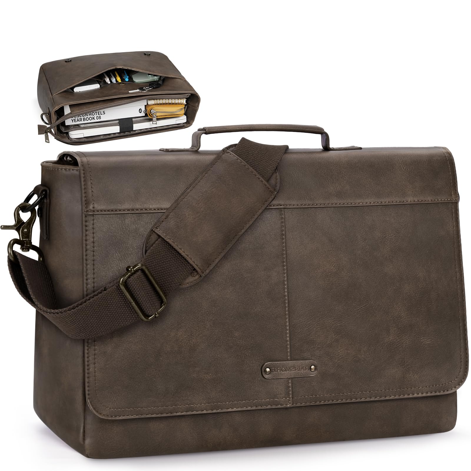 RAINSMORE Vintage Flap Messenger Bag for Men PU Leather Laptop Bag 15.6 Inch Men