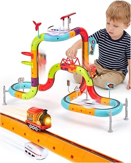 hahaland Electric Train Set for Kids Ages 4-8, Flexible Race Track - 64PCs | Dual-rail, Anti-gravity, 2 Trains with Music Lights, 3D Modular Motorized Stem Toys 3 4 5 6 Year Old Boys Girls Birthday Gift