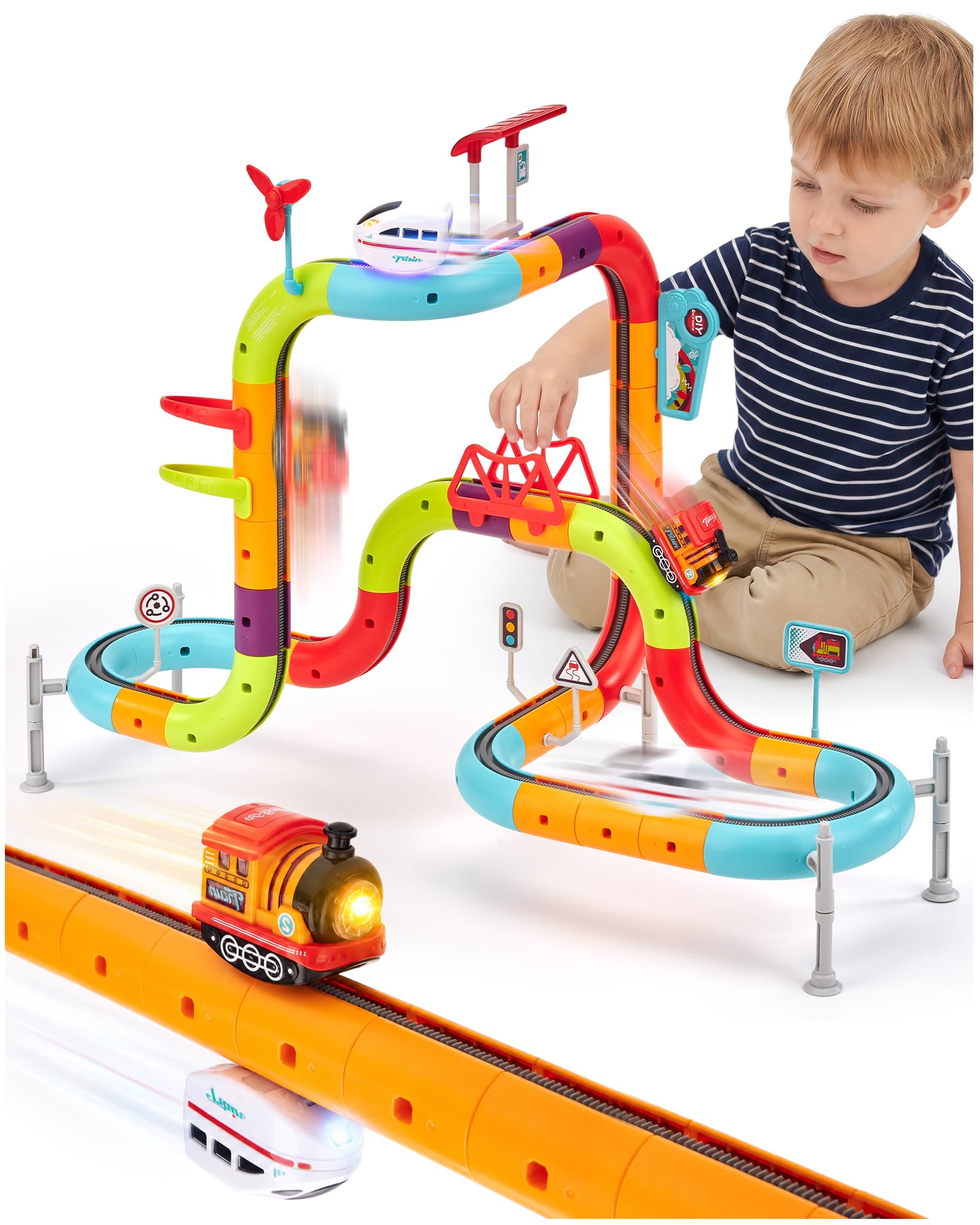 hahaland Electric Train Set for Kids Ages 4-8, Flexible Race Track - 64PCs | Dua