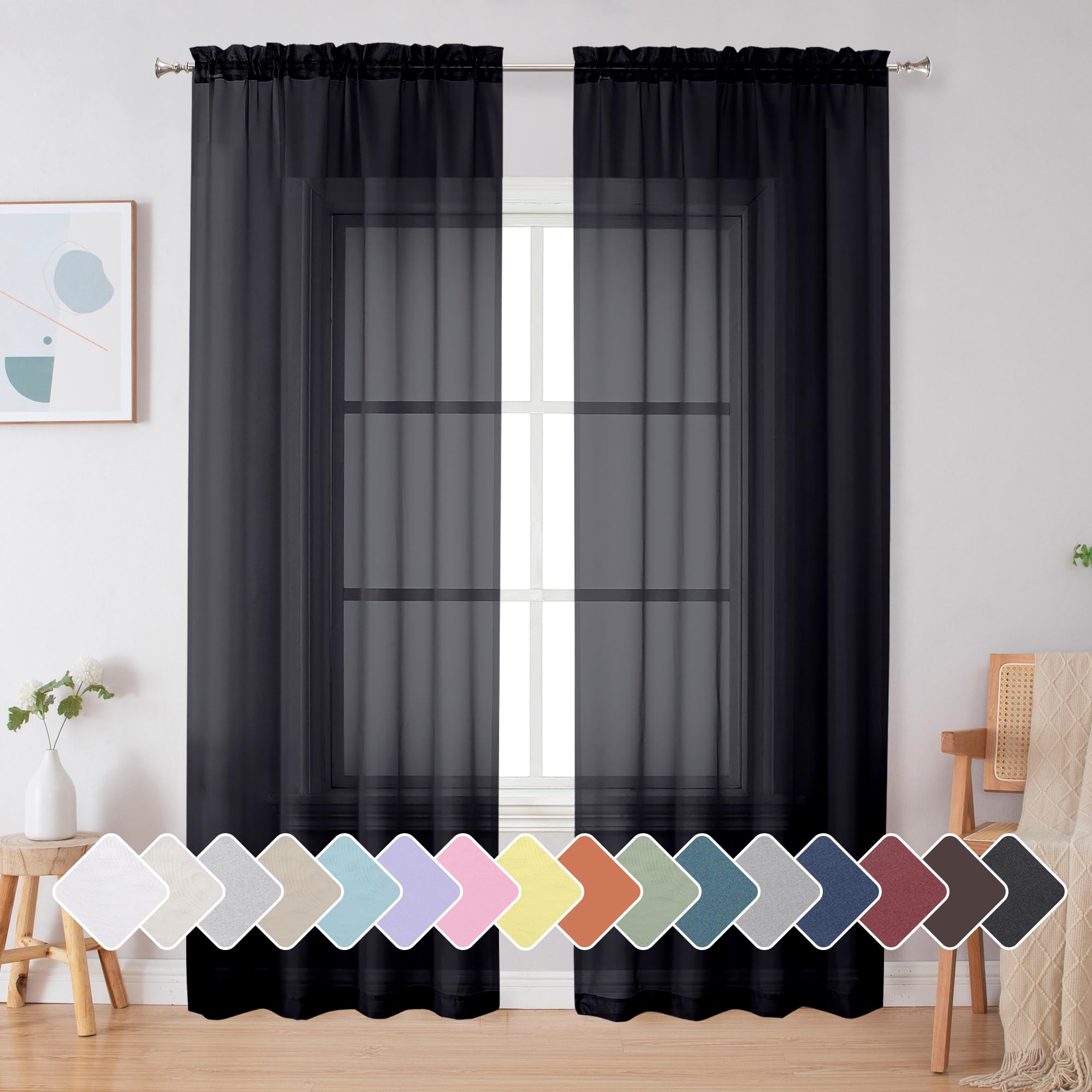 Simplebrand Black Sheer Curtains 84 Inches Long 2 Panels for Living Room | Light