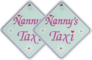 Tek Automotive Nanny's Taxi Car Sign | Twin Pack | 5.5" x 5.5" with Suction Cup | Funny Nanny Gifts | Novelty Car Gifts for Nannies | Durable Car Sign for Nanny’s Taxi