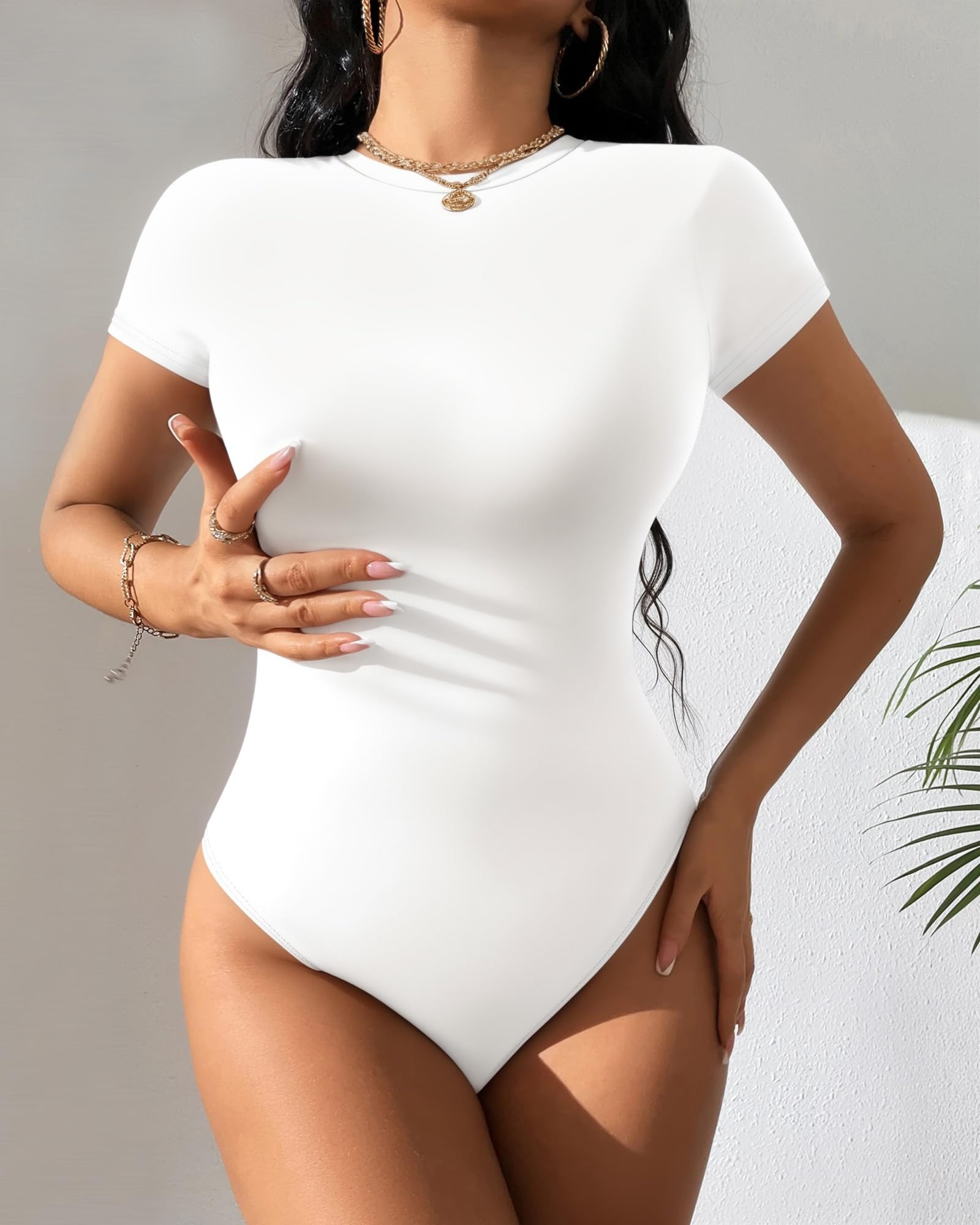 Short Sleeve Bodysuit for Women Crew Neck Fitted Basic Ladies T-Shirt