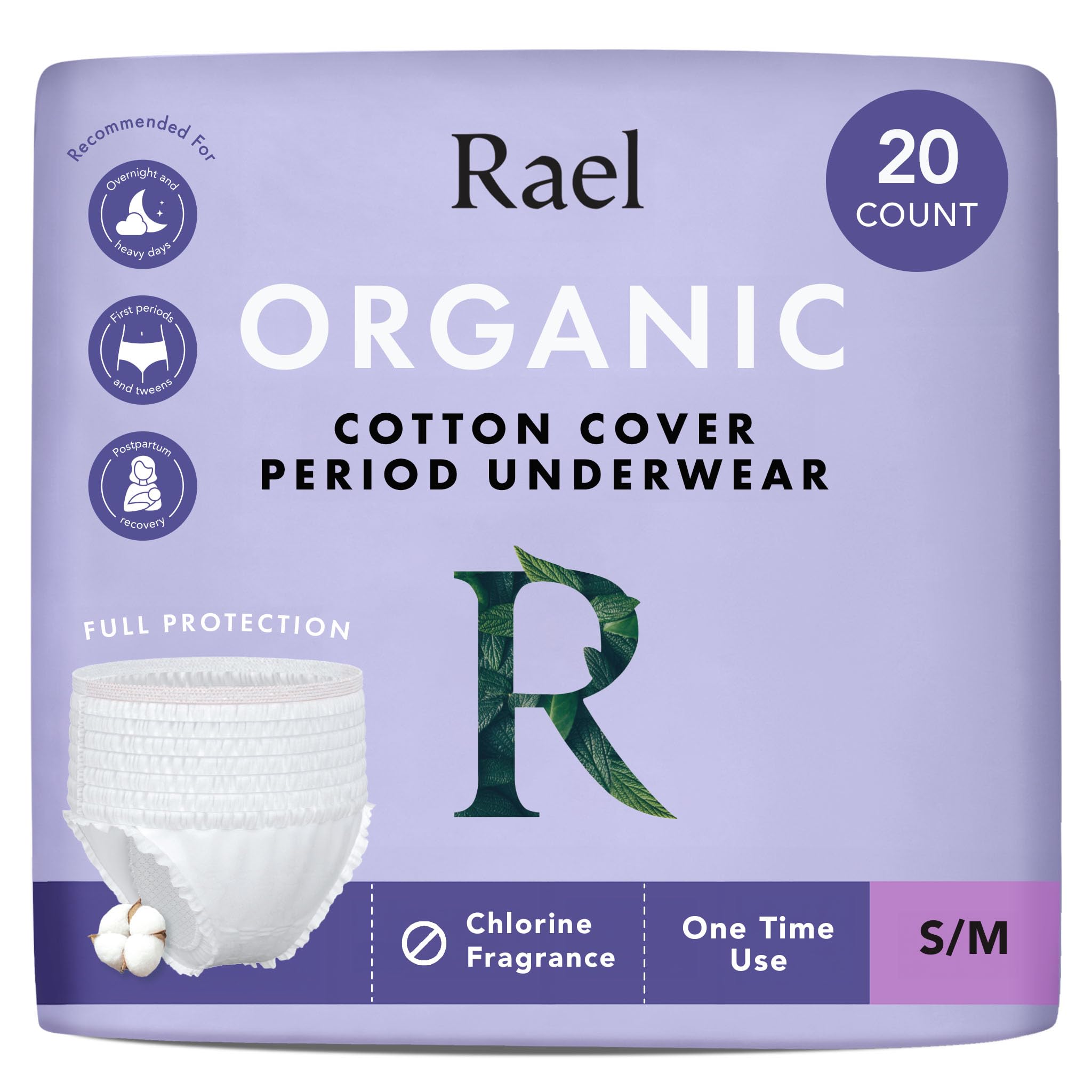 Rael Disposable Period Underwear, Organic Cotton Cover (Size S-M, 20 Ct) | Leak 