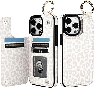 HAOPINSH Custodia a portafoglio per iPhone 15 Pro Max con porta carte, stampa leopardata bianca con stampa di ghepardo posteriore a libro in pelle PU cavalletto slot per carte di credito, anello per