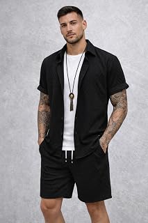 Mens Textured Short Sleeve Shirt and Shorts Set with Drawstring Waffle Knit 2 Piece Set, Black