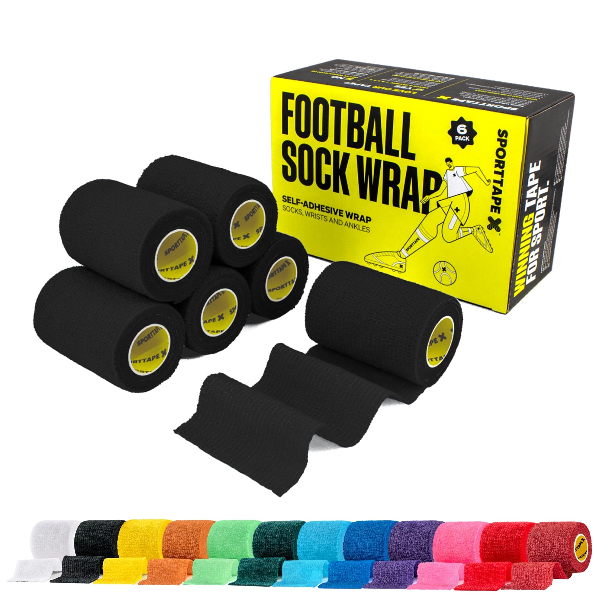 SPORTTAPE 6 Rolls Self-Adhesive Cohesive Bandage, 7.5cm x 4.5m, Black | Compress