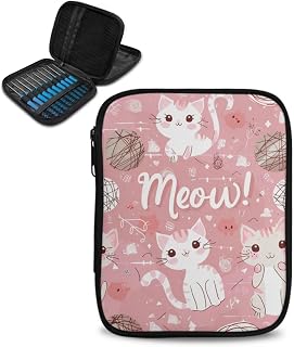Fuxowvby Cat Print Crochet Hook Case with Web Pockets Zipper Knitting Needle Case Portable Storage Organizer Bag for Crochet Accessories