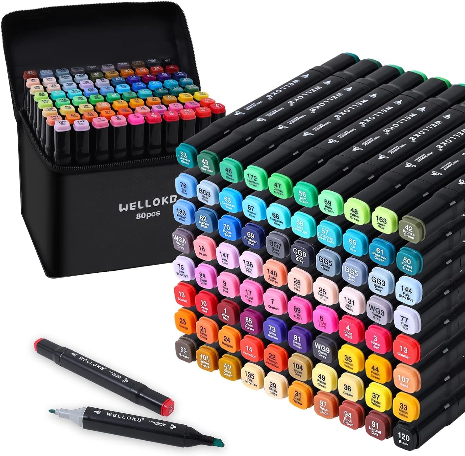 WELLOKB Alcohol Markers, 80 Colors Dual Brush Tip Permanent Art Markers, Colorin