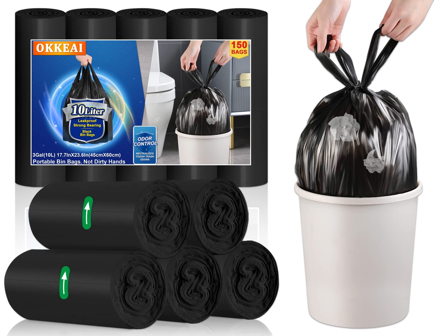 OKKEAI Small Bin Bags 10L, Pedal Bin Liners with Handles, Black, 150 Count