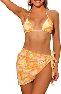 Women's 3 Piece Tie Dye Bikini Set Halter Tie Triangle Swimsuit Sarong Cover Up Beach Skirt Swimwear