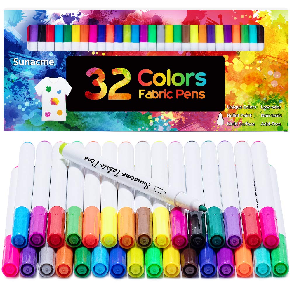 sunacme Fabric Markers Pen, 32 Colors Permanent Fabric Paint Pens | Fabric Decor