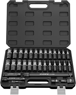 OTLOOMTBT 32PCS 1/2" Drive Impact Socket Set, SAE and Metric Deep Sockets | Heat-Treated CR-V Steel, 6-Point Grip, 10-24 mm and 3/8-1 in Sizes, Laser-Etched Markings, 3 Extension Bars and Carrying Case