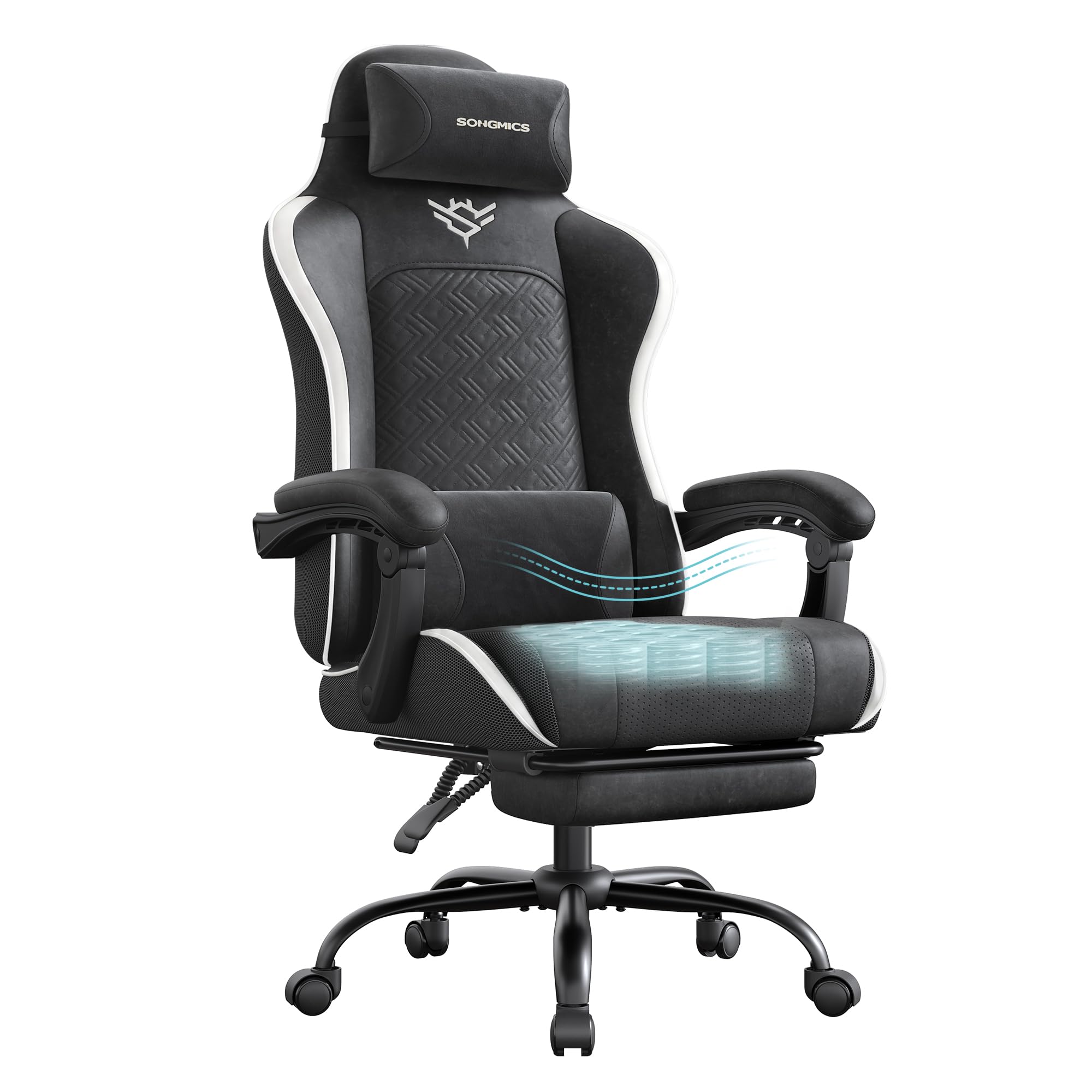 SONGMICS Gaming Chair PU Leather Ergonomic Reclining Chair with Headrest and Lum