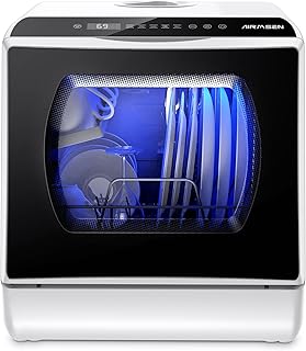 AIRMSEN Portable Countertop Dishwasher, No Hookup Needed | 6 Programs, 1-Hour Hot Air Drying & 72-Hour Air Circulation, Built-in Water Tank, for Home, Apartments & RVs