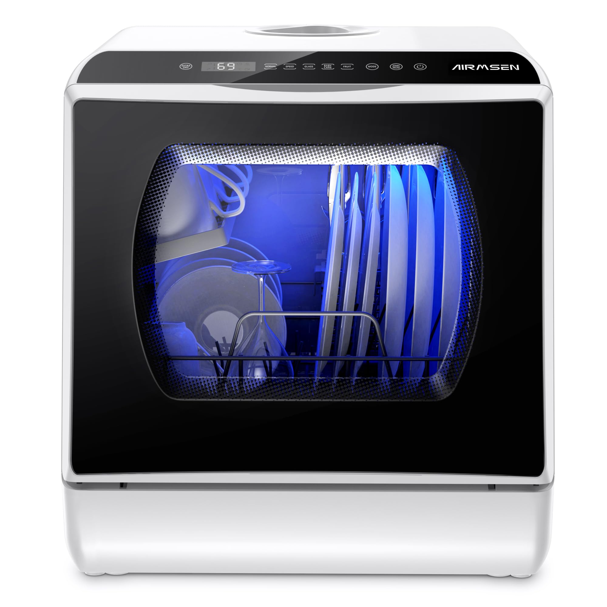 AIRMSEN Portable Countertop Dishwasher, No Hookup Needed | 6 Programs, 1-Hour Ho