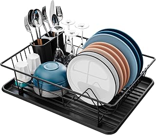 Dish Drainer Black, Dish Drainer Frame For Crockery, With Cutlery Holder And Plastic Drip Tray For Placement