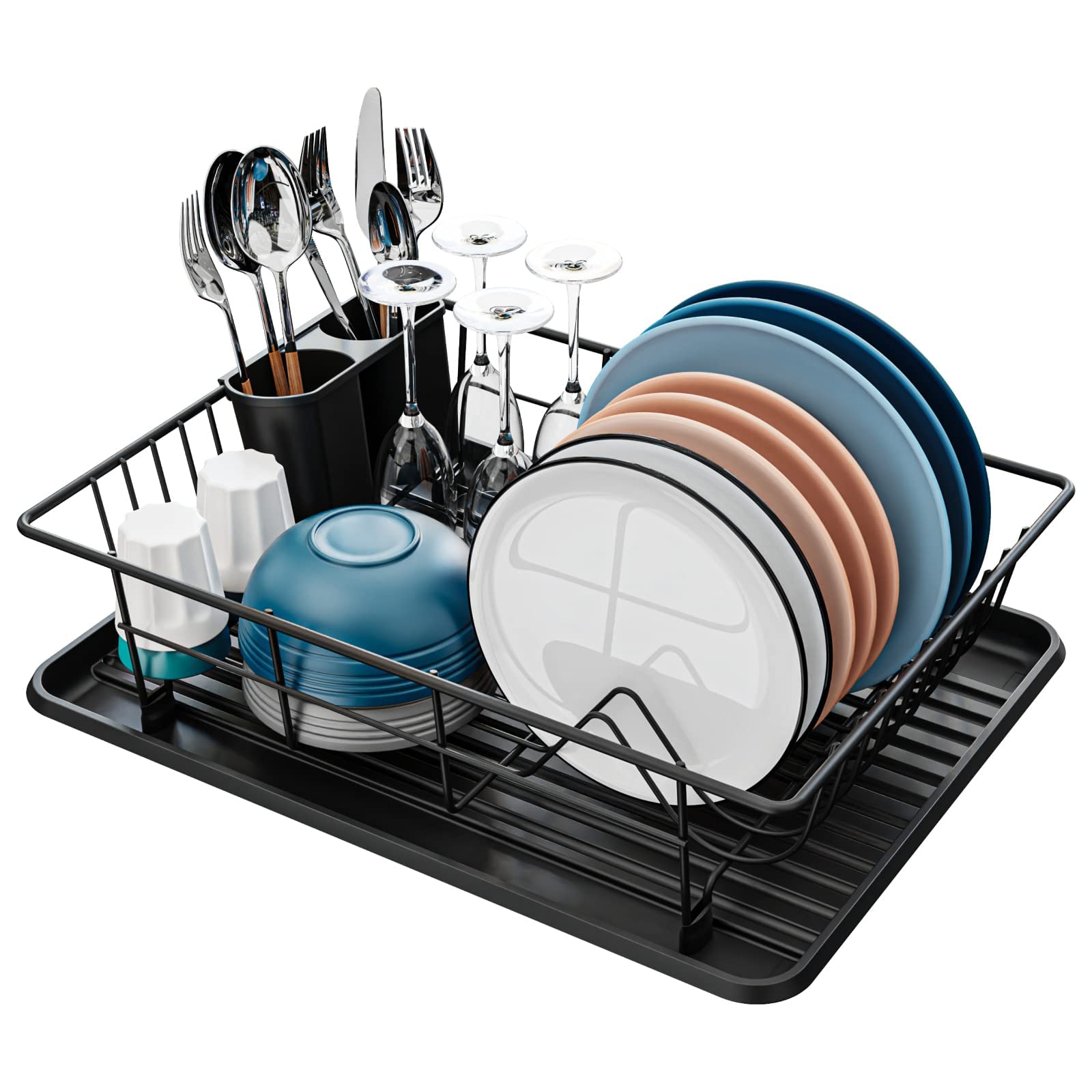 Dish Drainer Black, Dish Drainer Frame For Crockery, With Cutlery Holder And Pla