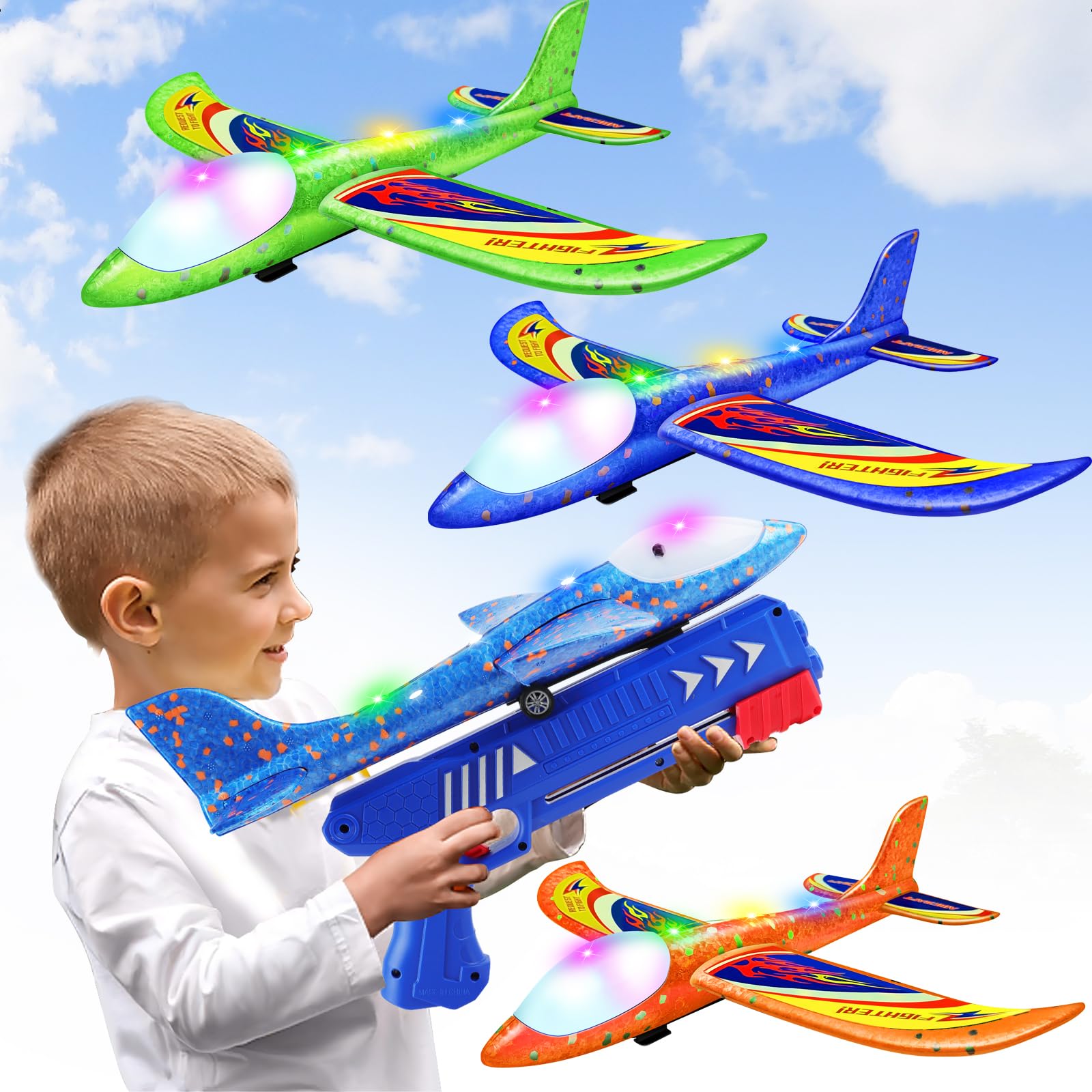Wesfuner 3 Pack Foam Airplane Launcher Toys, 2 Flight Mode Glider Plane,Kids Fly