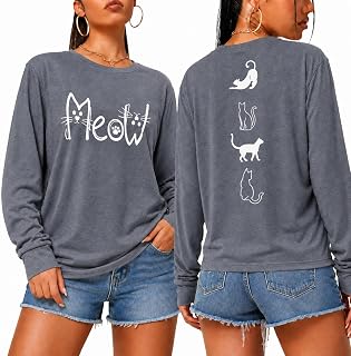 Cat Shirts for Women Cat Mom Shirt: Funny Black Cat Tshirt Lightweight Long Sleeve Graphic Blouse Casual Tops