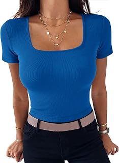 Aottori Women's T-Shirt Square Neck Ribbed Slim Fit Summer